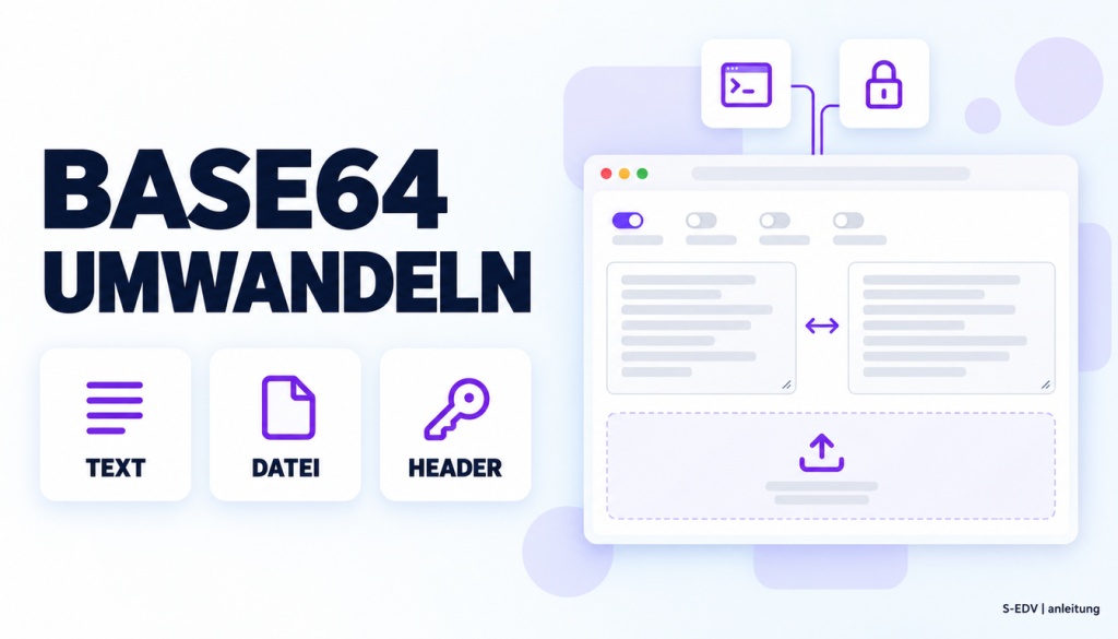 Illustration des Base64-Konverters mit zwei Textfeldern für Text und Base64 im Browserfenster