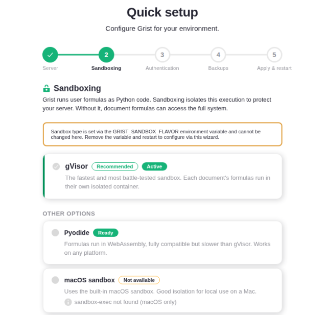 Quick-Setup-Assistent von Grist, Schritt Sandboxing mit aktivem gVisor