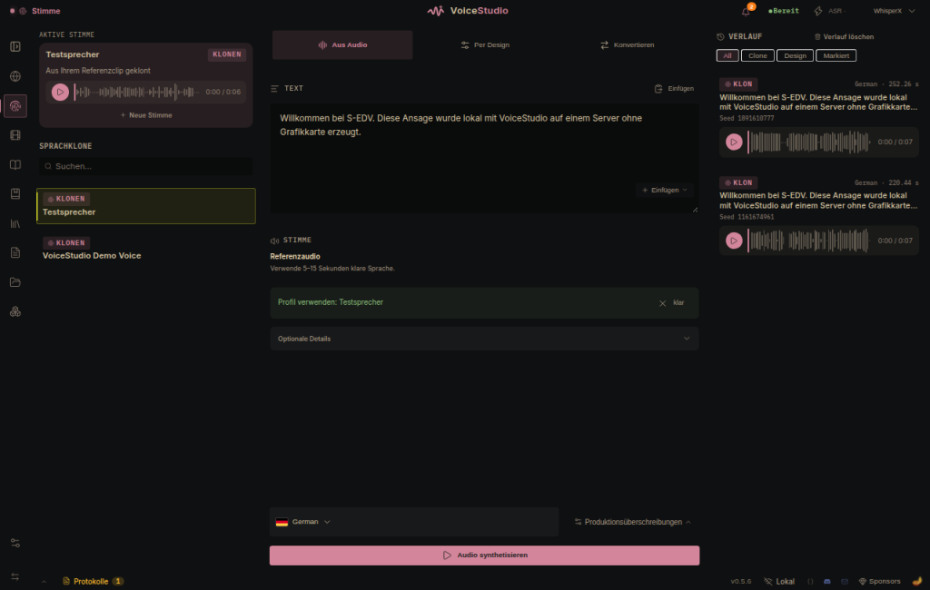 Studio-Ansicht von VoiceStudio mit geklonter Teststimme, eingegebenem Text und zwei fertigen Generierungen im Verlauf