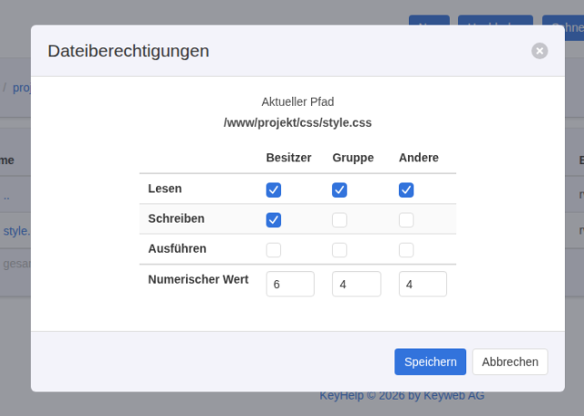 KeyHelp-Dialog Dateiberechtigungen für /www/projekt/css/style.css mit Lesen für Besitzer, Gruppe und Andere, Schreiben nur für Besitzer und Numerischer Wert 6, 4, 4