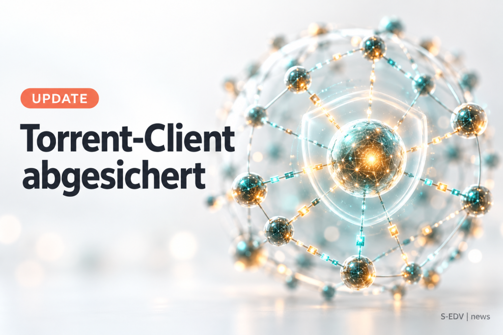 Abstraktes Peer-Netzwerk mit Schutzschild und der Überschrift Torrent-Client abgesichert