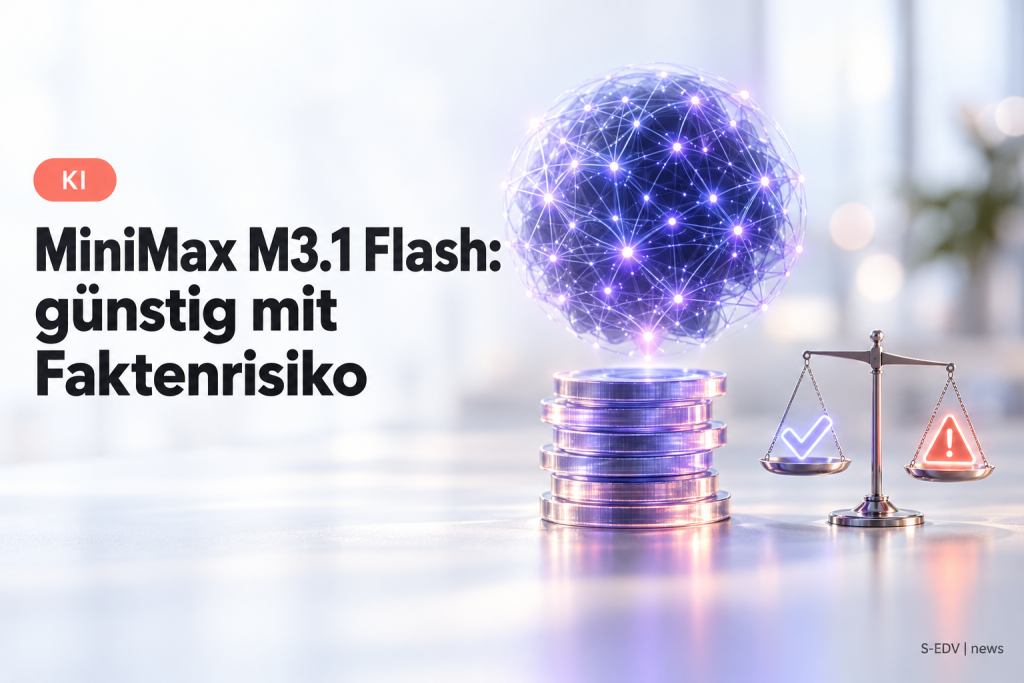 Illustration mit der Überschrift MiniMax M3.1 Flash günstig mit Faktenrisiko neben einer leuchtenden Netzwerkkugel