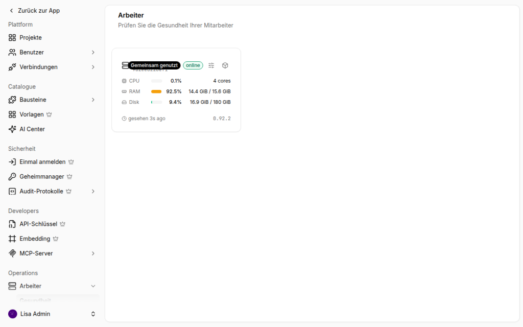 Activepieces Plattform-Admin, Seite Arbeiter mit einem Worker im Status online, Version 0.92.2 sowie CPU-, RAM- und Festplattenanzeige