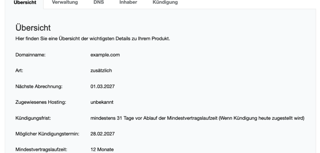 Tab Übersicht einer Domain im netcup CCP mit Kündigungsfrist, Termin und Mindestvertragslaufzeit