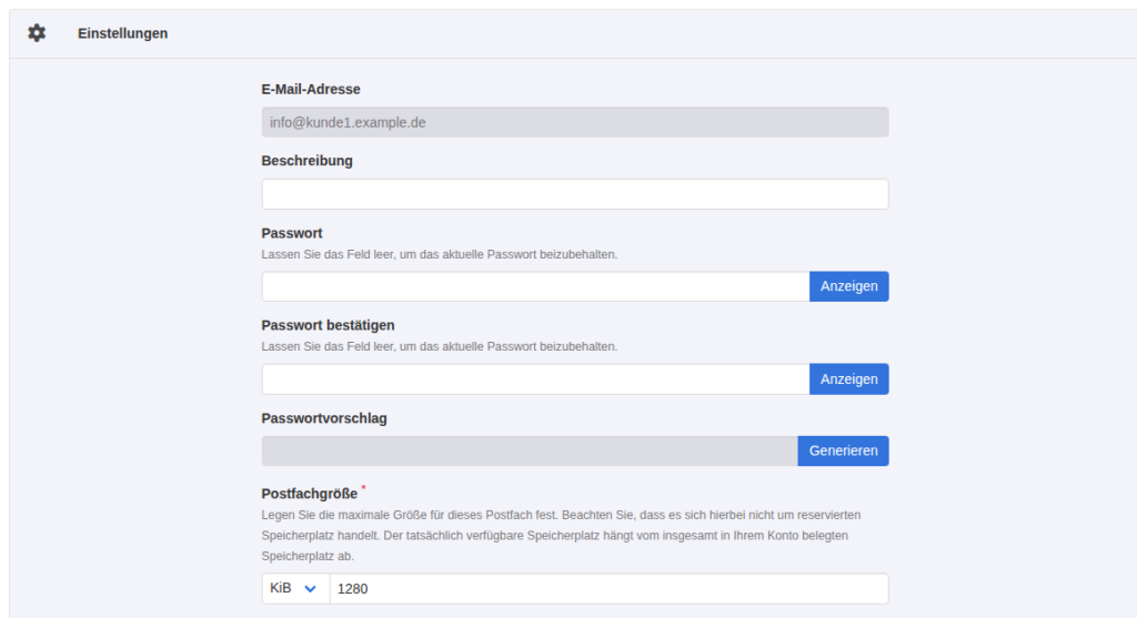 KeyHelp-Formular E-Mail-Konto bearbeiten mit der Adresse info at kunde1.example.de, leeren Passwortfeldern und dem Feld Postfachgröße mit dem Wert 1280 KiB