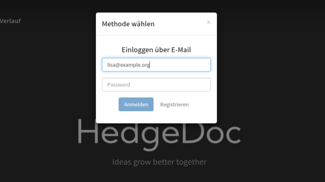 Anmeldedialog von HedgeDoc mit E-Mail-Feld, Passwortfeld und den Schaltflächen Anmelden und Registrieren