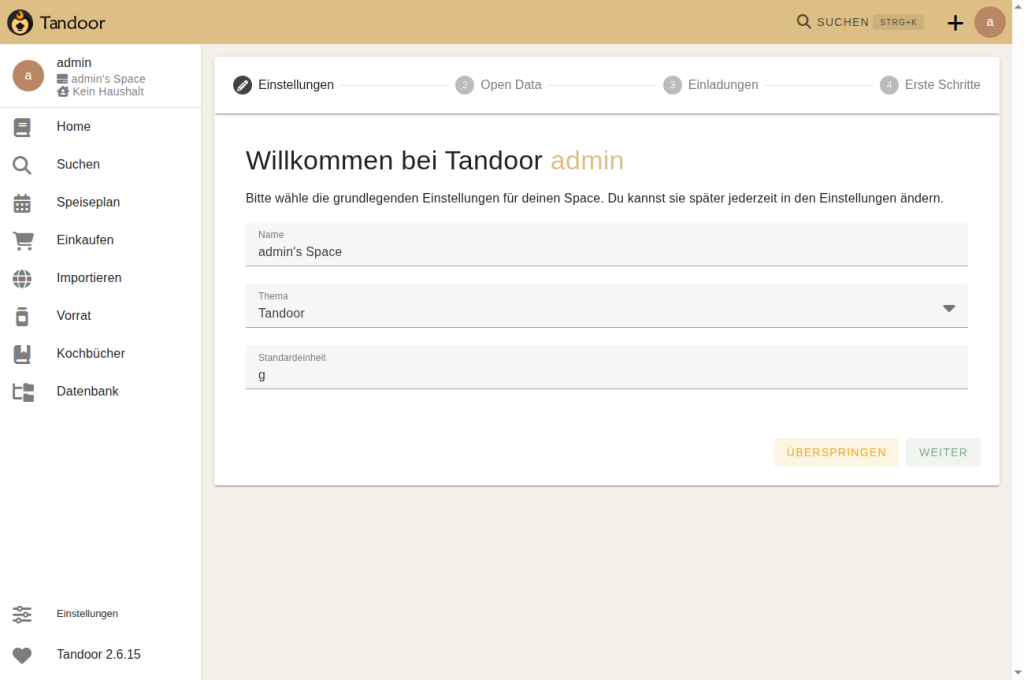 Einrichtungsassistent von Tandoor Recipes 2.6.15 mit den Feldern Name, Thema und Standardeinheit für den neuen Space