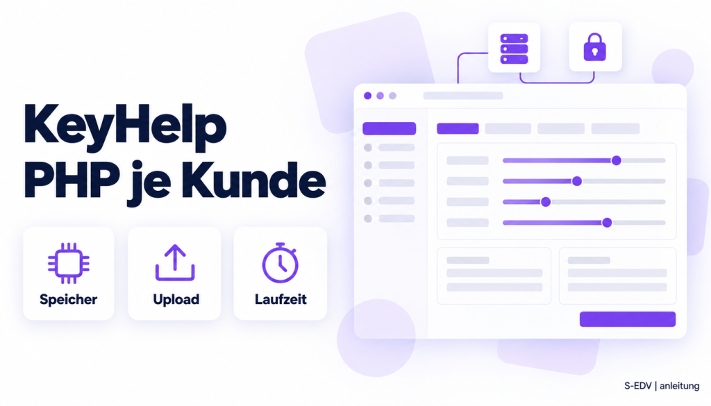 Illustration eines Hosting-Panels mit der Überschrift KeyHelp PHP je Kunde und den Karten Speicher, Upload, Laufzeit
