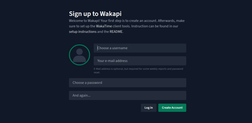 Wakapi-Registrierungsformular mit Feldern für Benutzername, E-Mail-Adresse und Passwort