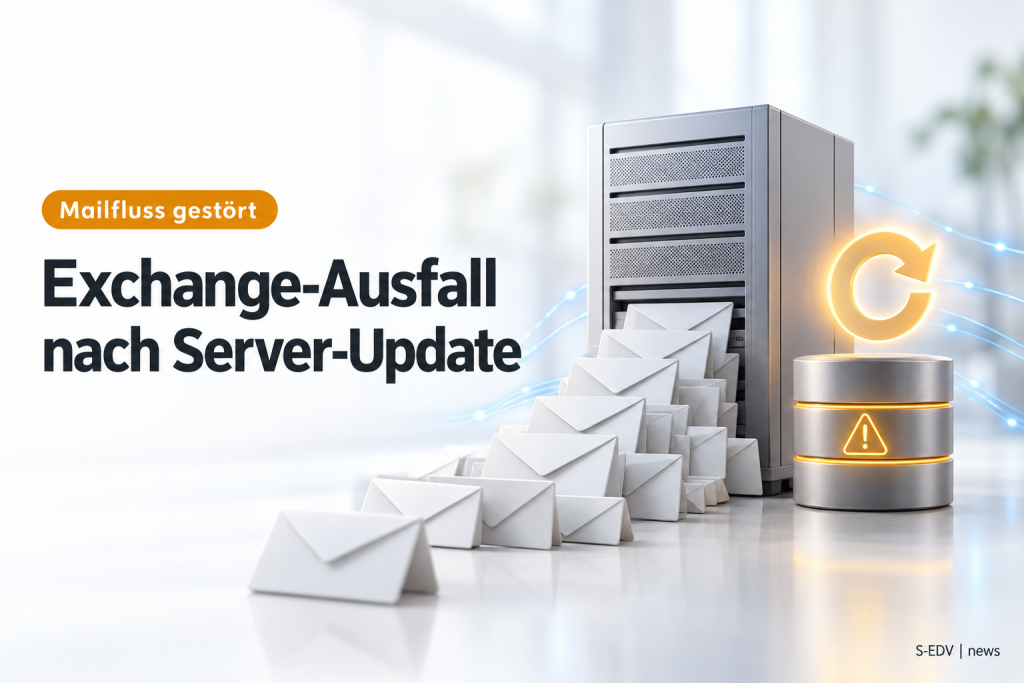 Illustration: Mailserver mit gestauten E-Mails und Warnsymbol, Schriftzug Exchange-Ausfall nach Server-Update