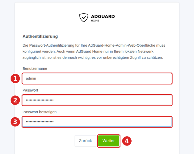 AdGuard-Home-Einrichtungsassistent Schritt Authentifizierung: Felder Benutzername (1), Passwort (2), Passwort bestätigen (3) und Schaltfläche Weiter (4)