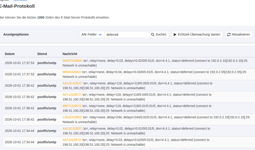 KeyHelp-Seite E-Mail-Protokoll mit Suchbegriff deferred und Tabelle mit Datum, Dienst postfix/smtp und Meldungen status=deferred mit Network is unreachable