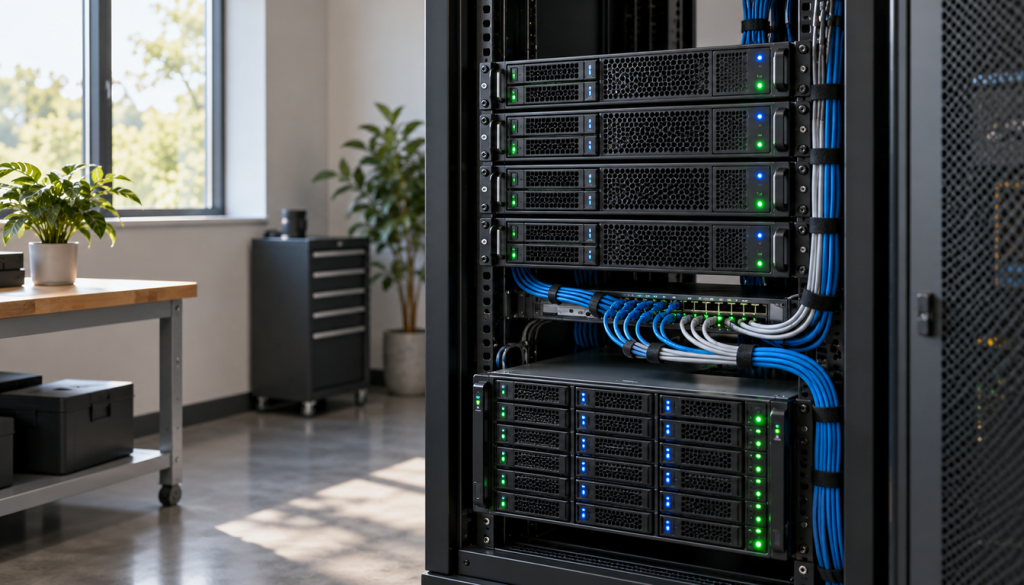 Server-Rack mit mehreren Servern und gebündelten Netzwerkkabeln, die zu einem zentralen Speicherserver führen