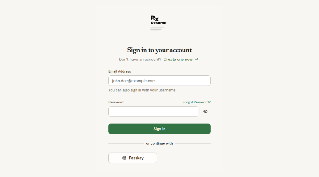 Anmeldeseite von Reactive Resume mit Feldern für E-Mail oder Benutzername und Passwort sowie Passkey-Anmeldung