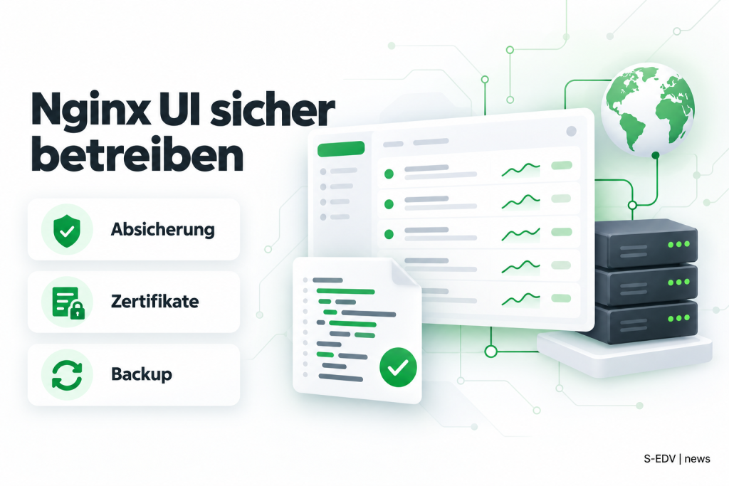 Illustration mit der Überschrift Nginx UI sicher betreiben, Karten für Absicherung, Zertifikate und Backup sowie einem abstrakten Admin-Dashboard