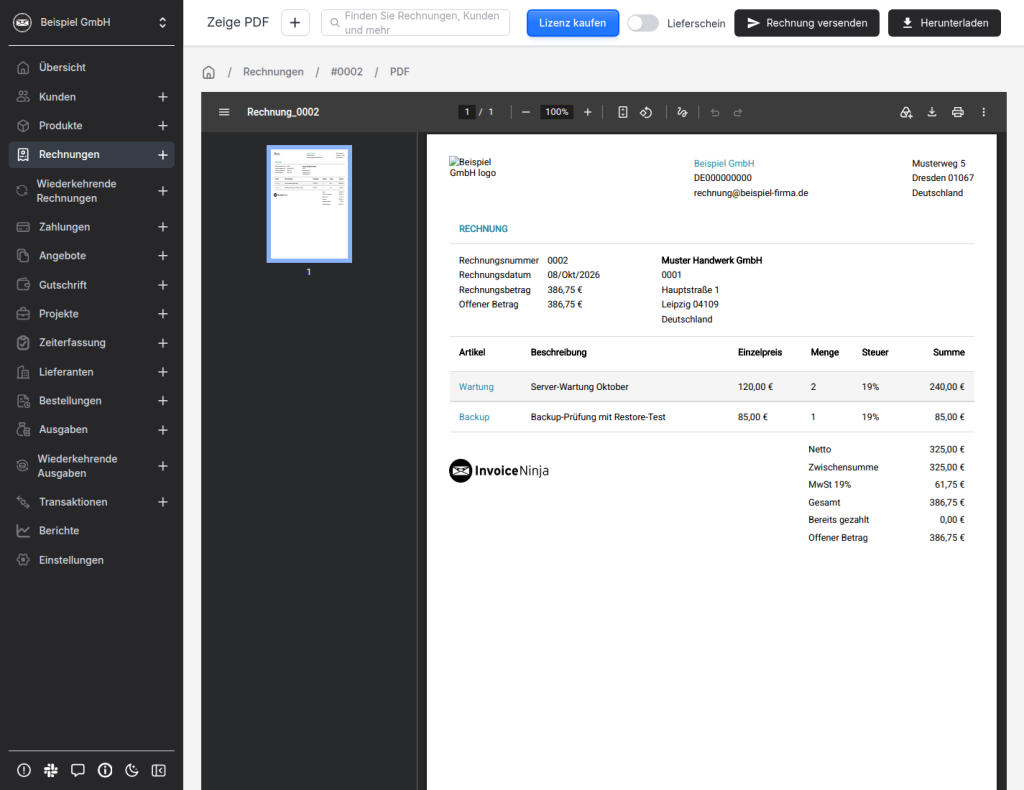 PDF-Vorschau der Rechnung 0002 in Invoice Ninja mit Absender Beispiel GmbH, Empfänger Muster Handwerk GmbH und Positionstabelle