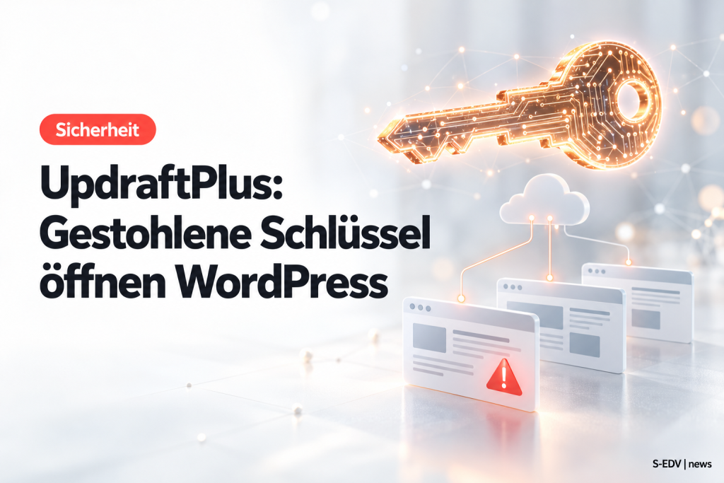 Titelbild: Gestohlene UpdraftPlus-Schlüssel öffnen WordPress-Websites, leuchtender Schlüssel über Website-Fenstern mit Warnsymbol