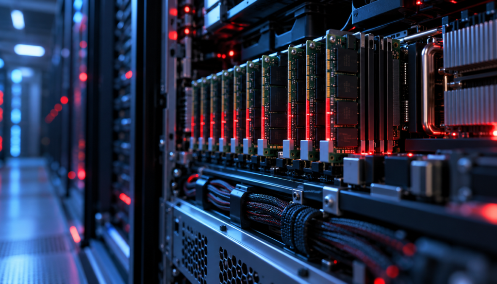 Nahaufnahme von Arbeitsspeichermodulen in einem Server-Rack mit roter Beleuchtung, Sinnbild für den In-Memory-Datenspeicher Redis