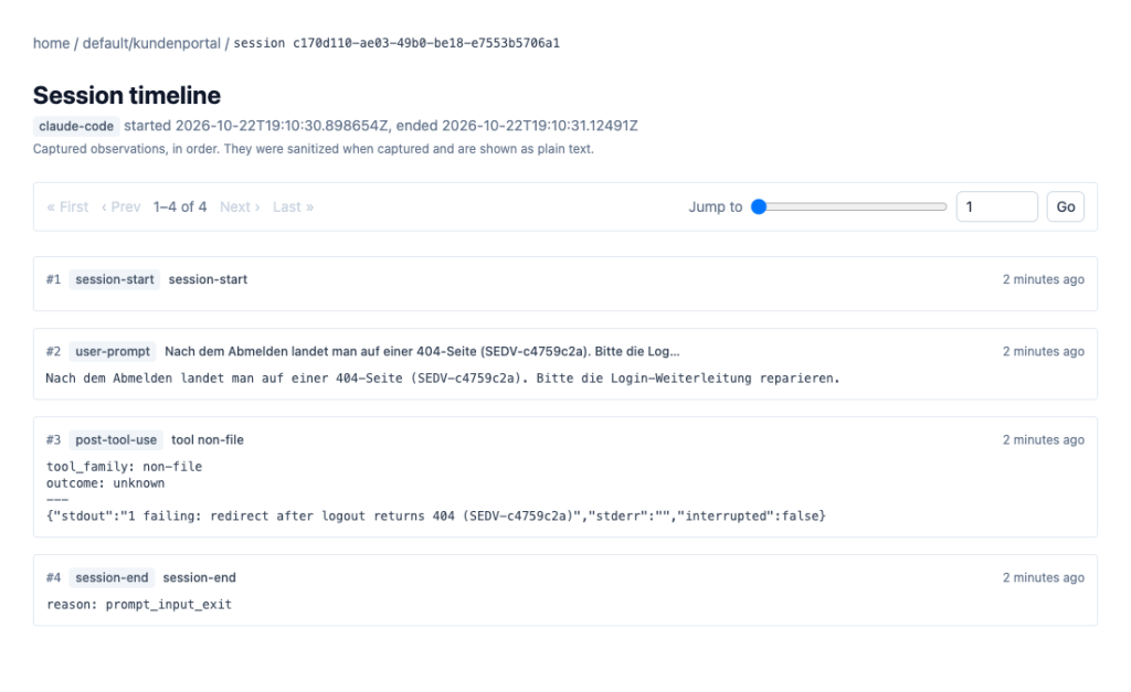 Zeitleiste einer Claude-Code-Sitzung in ai-memory mit Sitzungsstart, Prompt, Testlauf und Sitzungsende