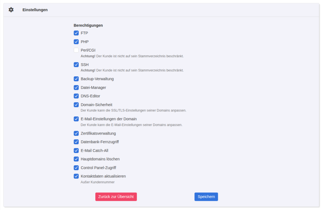 KeyHelp-Kundenkonto, Reiter Berechtigungen, mit aktivierter Berechtigung SSH und dem Hinweis Achtung! Der Kunde ist nicht auf sein Stammverzeichnis beschränkt