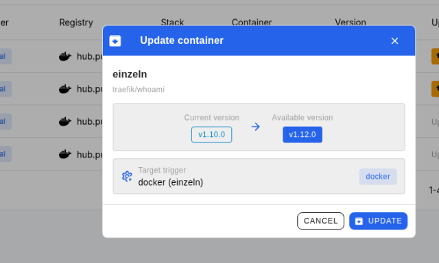 Dialog Update container in WUD für den Container einzeln von v1.10.0 auf v1.12.0 über den Trigger docker einzeln