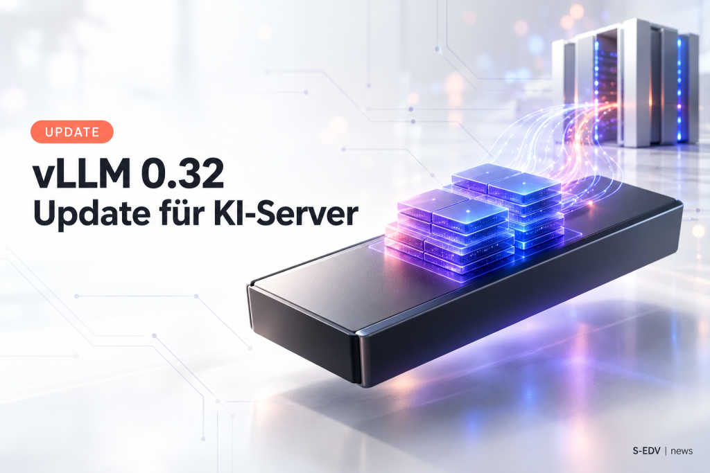 Abstrakte Grafikkarte mit gestapelten, leuchtenden Speicherblöcken als Symbol für den KV-Cache, daneben die Überschrift vLLM 0.32 Update für KI-Server