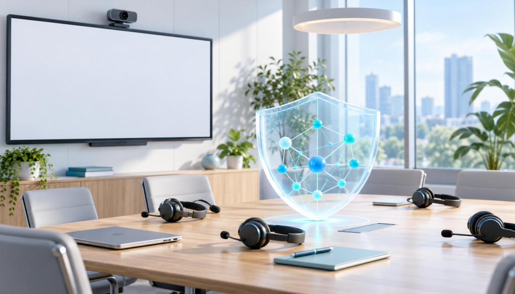Heller Konferenzraum mit leuchtendem Schutzschild aus Glas, Netzwerkknoten, Headsets und Laptop auf dem Holztisch