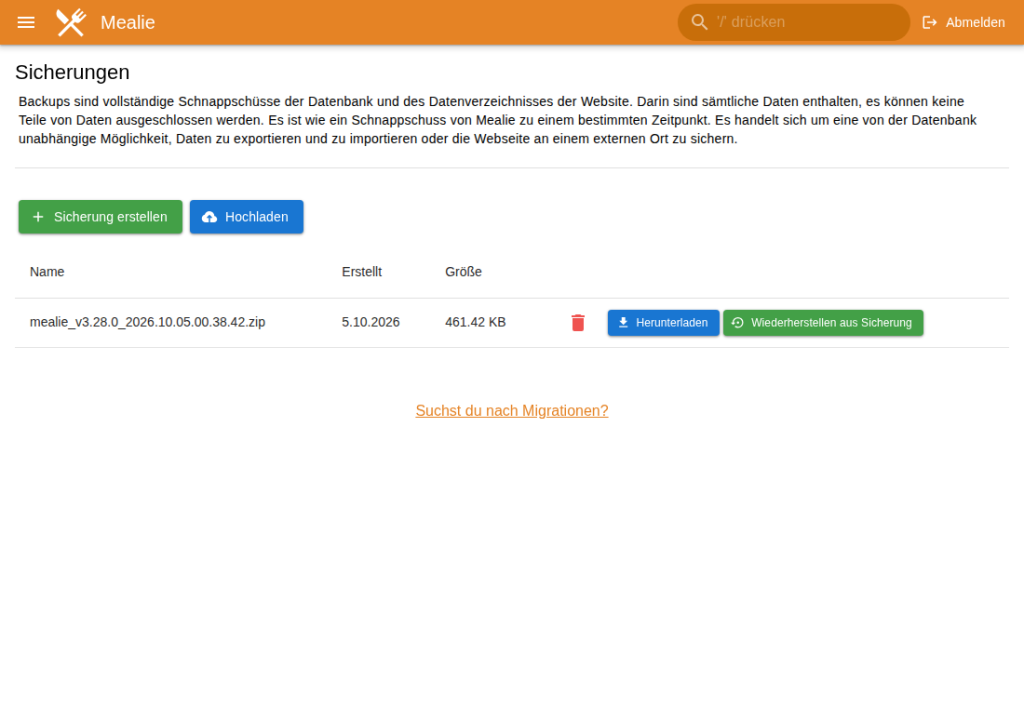 Mealie-Administration, Seite Sicherungen, mit einer Backup-Datei und den Schaltflächen Herunterladen und Wiederherstellen