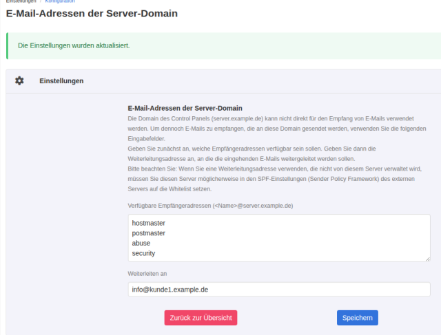 KeyHelp-Seite E-Mail-Adressen der Server-Domain nach dem Speichern mit Erfolgsmeldung, Empfängeradressen hostmaster, postmaster, abuse, security und Weiterleitung an info@kunde1.example.de