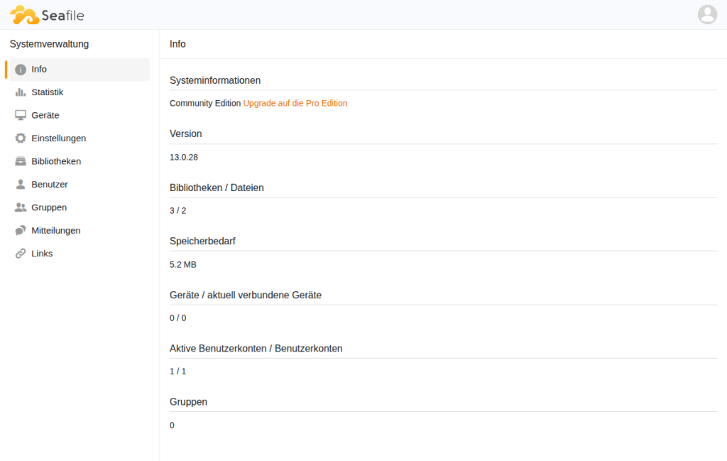 Seafile-Systemverwaltung, Seite Info: Community Edition, Version 13.0.28, 1 Benutzer, 3 Bibliotheken