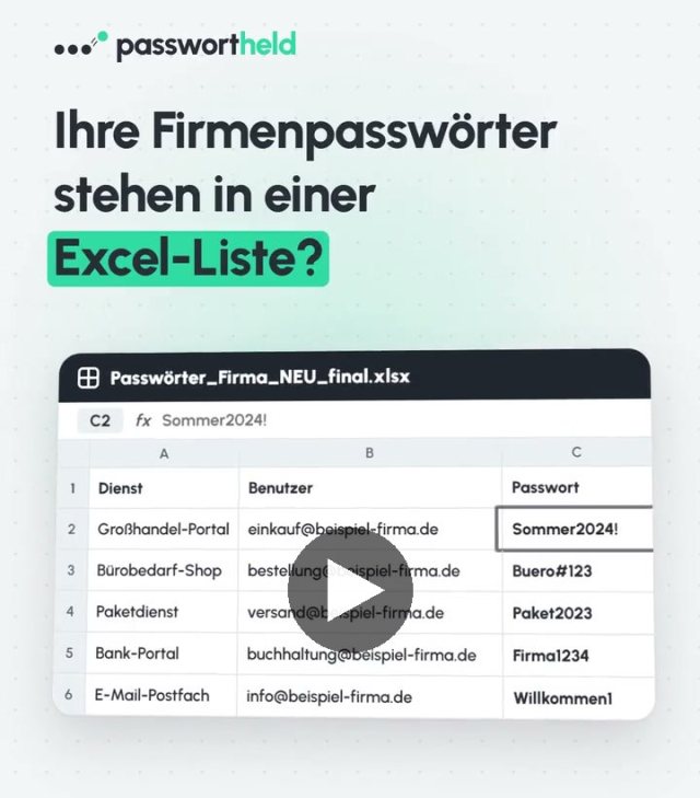 Standbild aus dem Passwortheld-Kurzvideo mit einer Excel-Liste voller Firmenpasswörter
