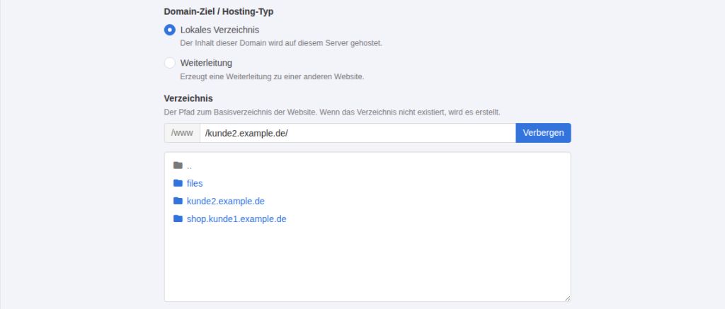 KeyHelp-Verzeichnisauswahl mit lokalem Verzeichnis /kunde2.example.de/ und Ordnerliste files, kunde2.example.de, shop.kunde1.example.de