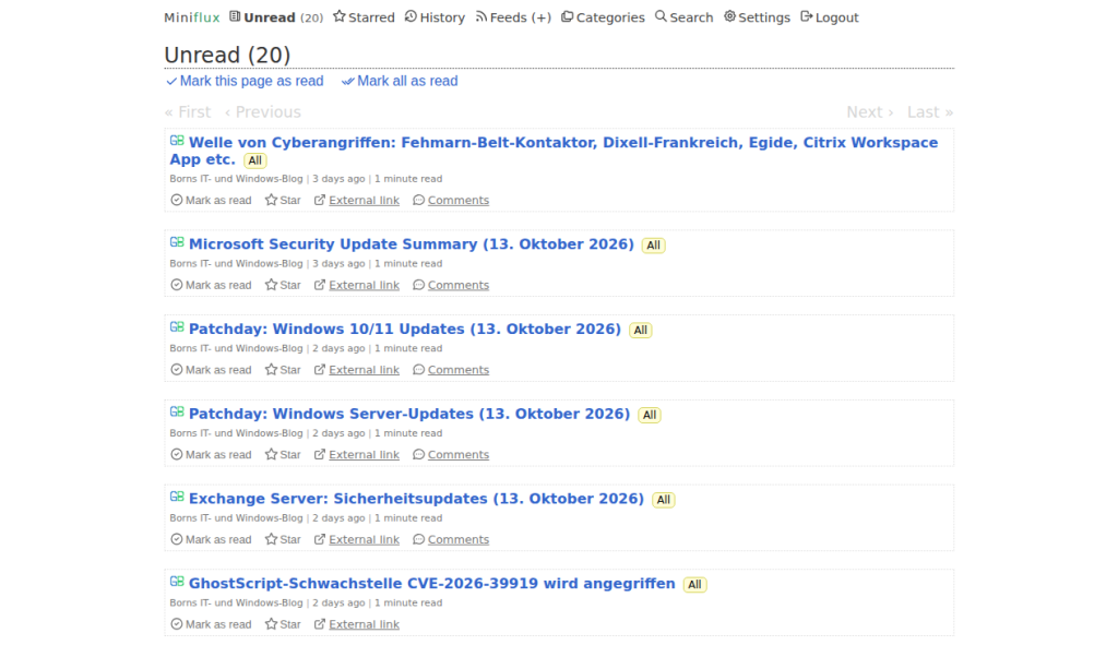 Miniflux-Ansicht Unread mit 20 ungelesenen Einträgen aus einem abonnierten IT-Blog