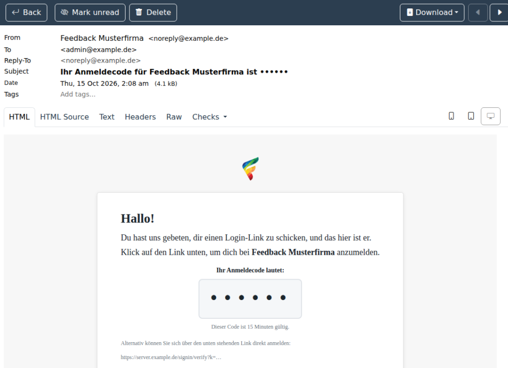 Mailpit zeigt die Anmelde-Mail von Fider mit maskiertem sechsstelligem Code und Anmeldelink
