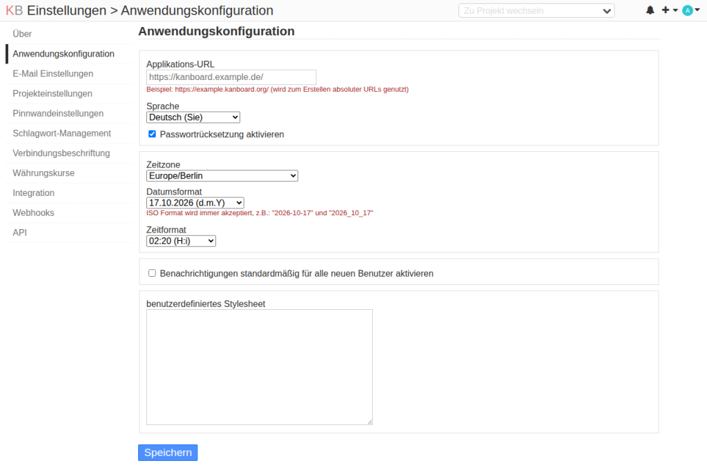 Kanboard Anwendungskonfiguration mit Applikations-URL, Sprache Deutsch (Sie), Zeitzone Europe/Berlin und Datumsformat d.m.Y