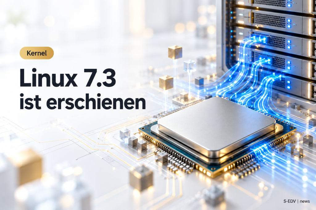 Grafik mit der Überschrift Linux 7.3 ist erschienen, daneben ein Prozessor auf einer Platine mit Datenströmen zu Servern