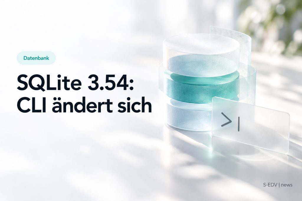 Durchscheinender Datenbank-Zylinder aus geschichteten Scheiben neben einem Terminal-Prompt-Symbol, daneben die Headline SQLite 3.54: CLI ändert sich
