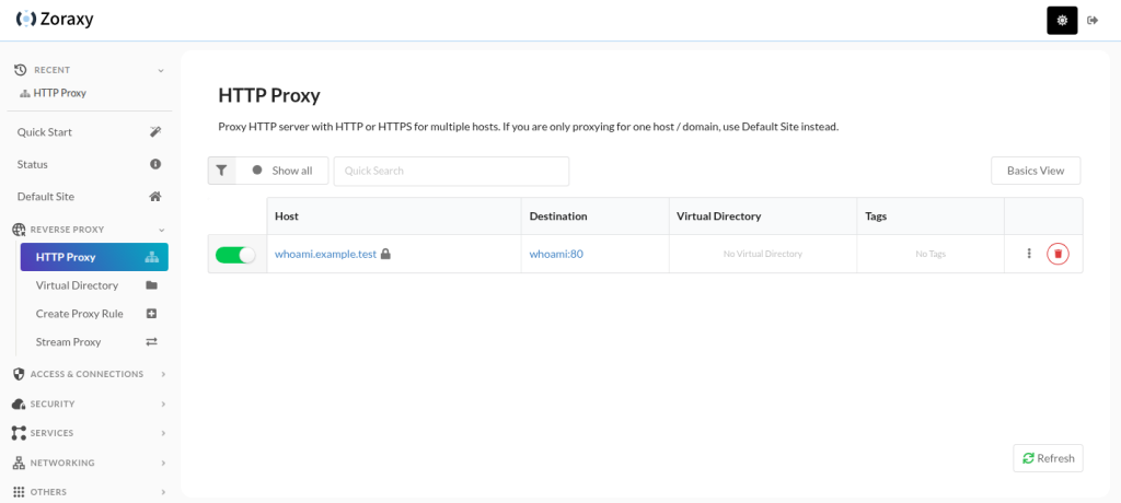 Zoraxy-Liste HTTP Proxy mit der aktiven Regel whoami.example.test und dem Ziel whoami:80