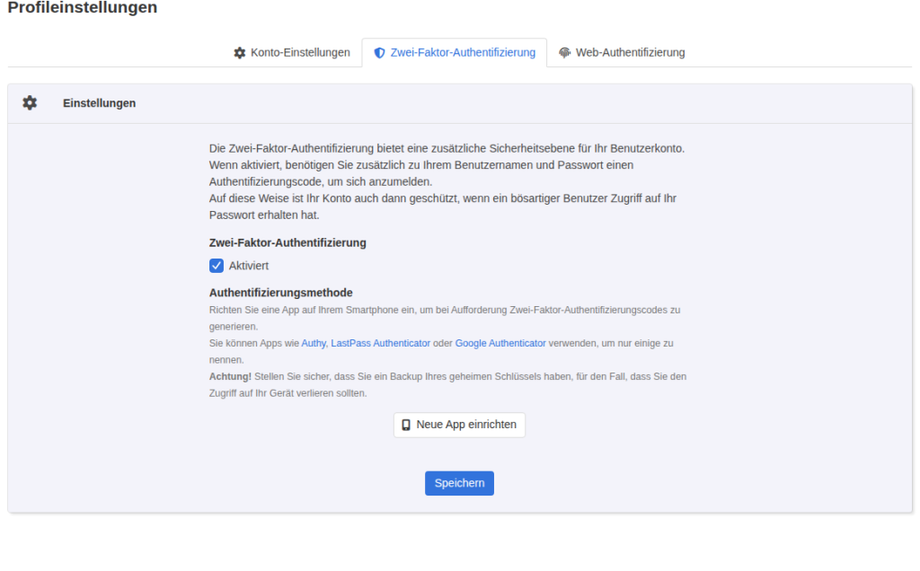 KeyHelp-Profileinstellungen, Reiter Zwei-Faktor-Authentifizierung: Haken Aktiviert gesetzt, Hinweis zur Authenticator-App und zur Sicherung des geheimen Schlüssels, Knöpfe Neue App einrichten und Speichern
