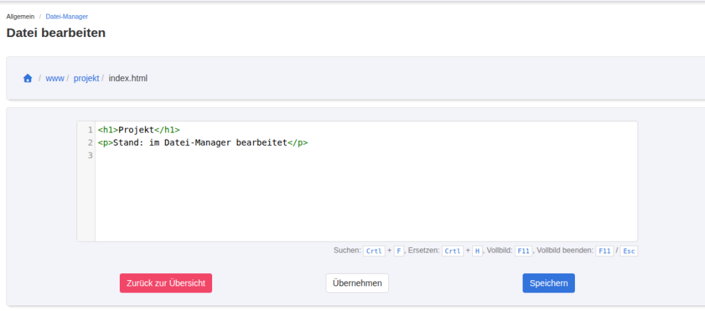 KeyHelp-Datei-Manager Datei bearbeiten mit Pfad www, projekt, index.html, Editor mit zwei HTML-Zeilen und den Schaltflächen Zurück zur Übersicht, Übernehmen und Speichern