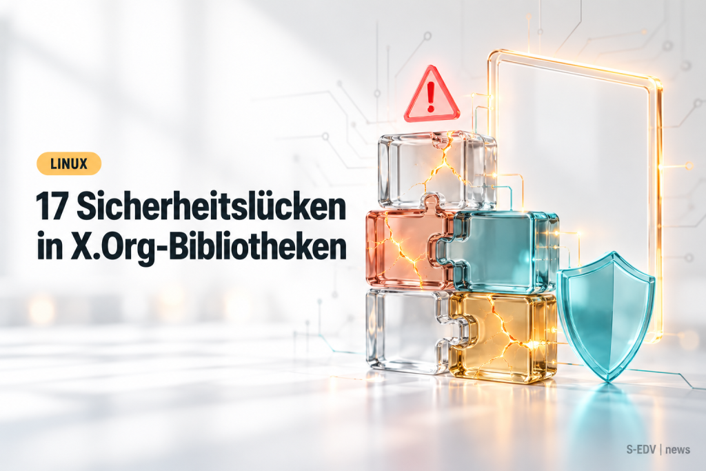 Abstrakte Illustration: Bibliotheksmodule eines Linux-Grafiksystems mit markierten Sicherheitslücken und Schutzschild