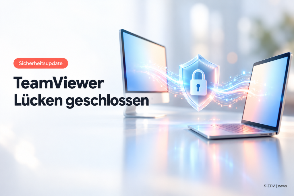 Abstrakte Illustration zweier verbundener Bildschirme mit Schutzschild und Schloss, daneben die Headline TeamViewer Lücken geschlossen