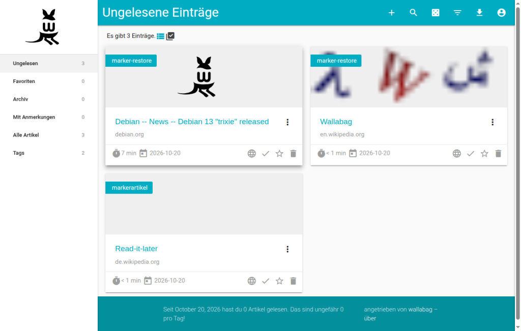 Liste der ungelesenen Einträge in wallabag mit drei per API gespeicherten Artikeln und Tags