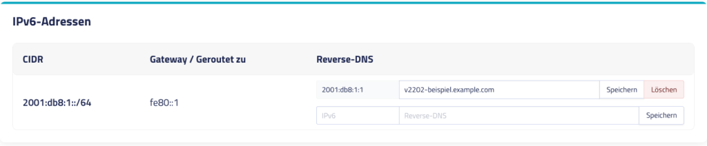 Abschnitt IPv6-Adressen im netcup SCP mit Netz, Gateway fe80::1 und Reverse-DNS
