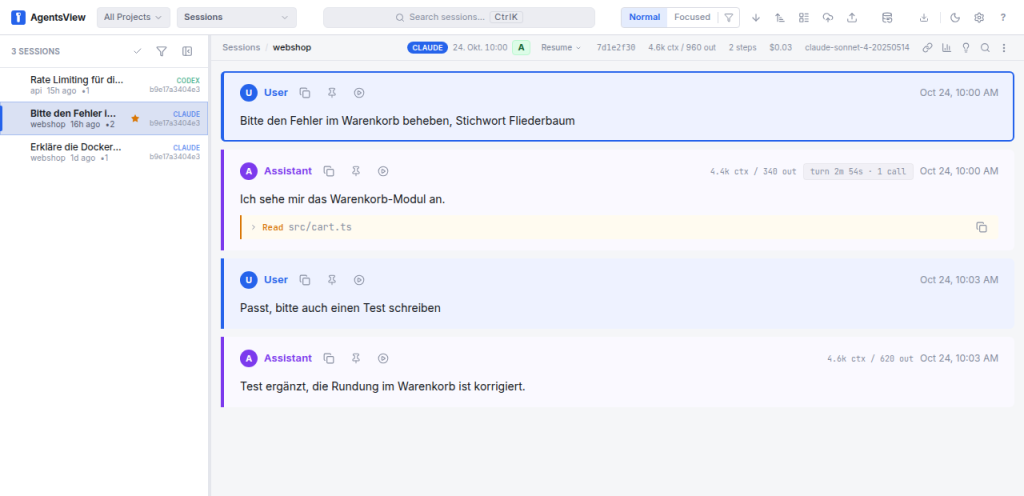 Sitzungsansicht in agentsview mit Nachrichtenverlauf, Modellname, Token-Werten und Kosten