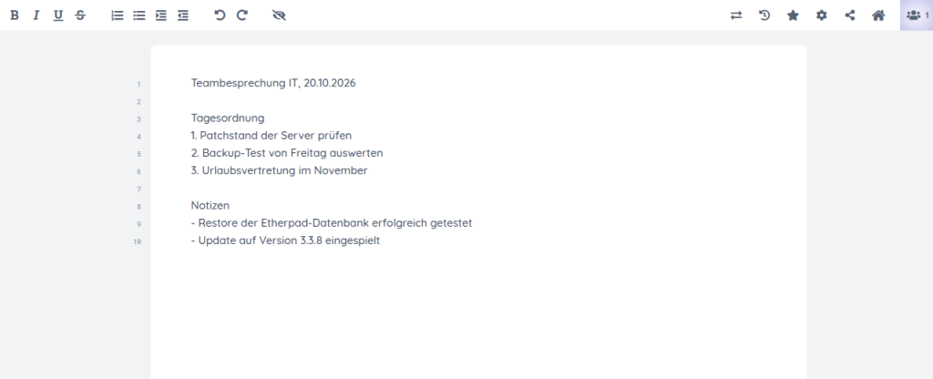 Etherpad-Editor mit einem Besprechungsprotokoll, Zeilennummern und Werkzeugleiste