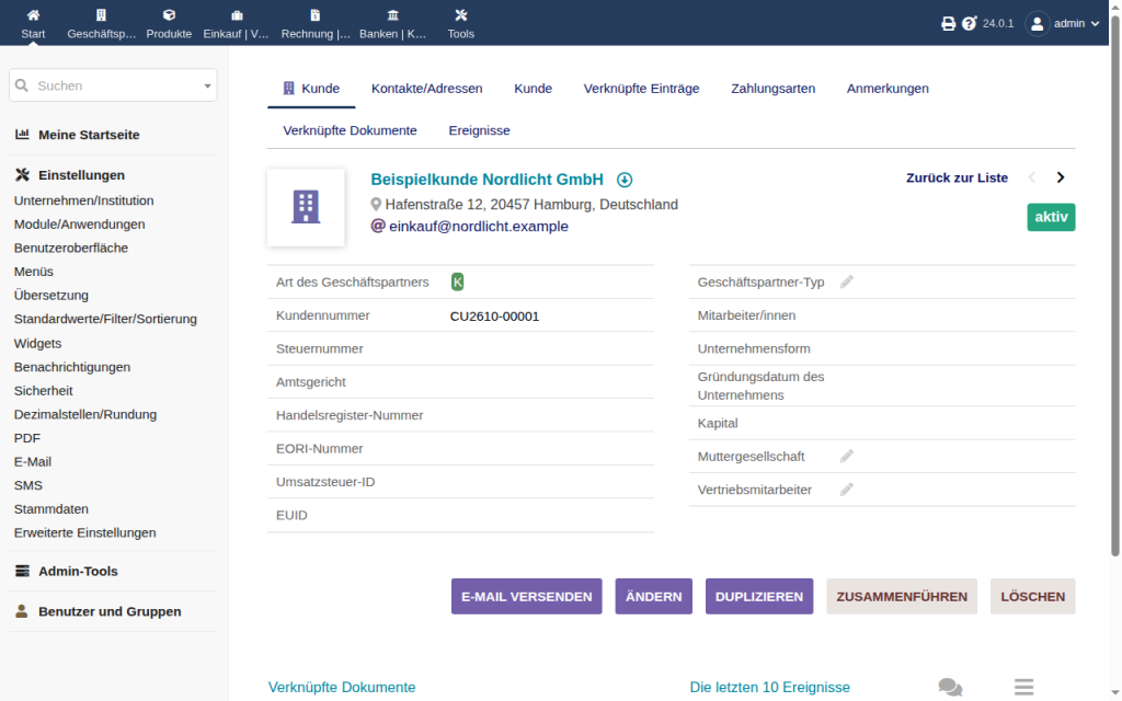 Dolibarr Geschäftspartner-Karte mit Kundennummer, Adresse und E-Mail-Adresse