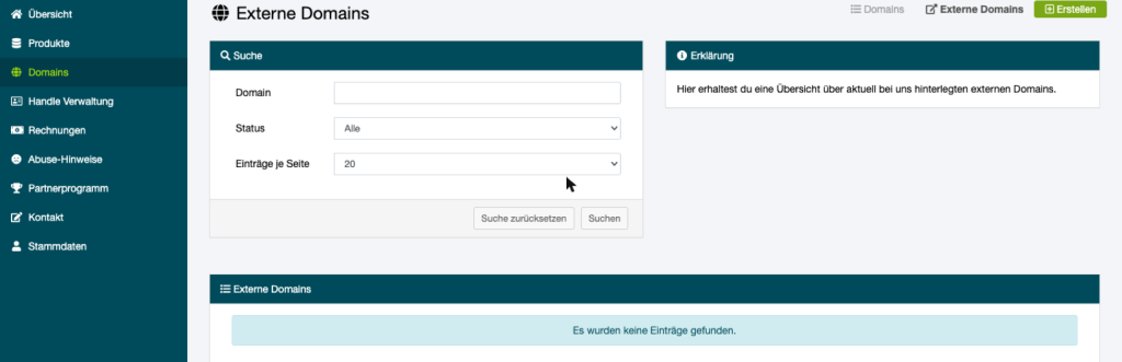 Seite Externe Domains im netcup CCP mit Suche, Schaltfläche Erstellen und leerer Liste