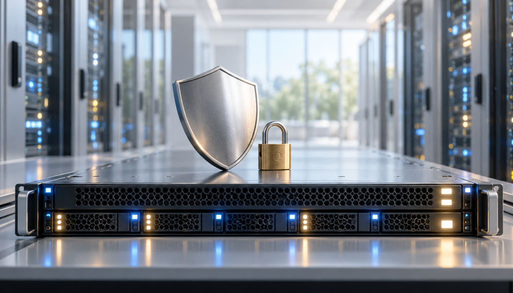 Rackserver mit blauen und gelben LEDs im Rechenzentrum, darauf ein silbernes Schild und ein goldenes Vorhängeschloss