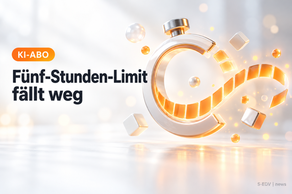 Symbolbild: Stoppuhr-Ring mit orangefarbenem Nutzungsband neben der Überschrift Fünf-Stunden-Limit fällt weg
